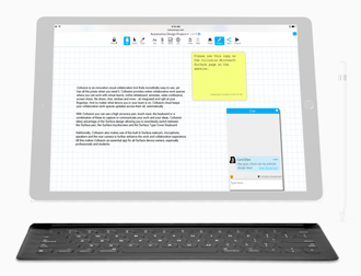 Using the Apple Smart Keyboard to write text, create stickies/post it notes and chat with collaborators